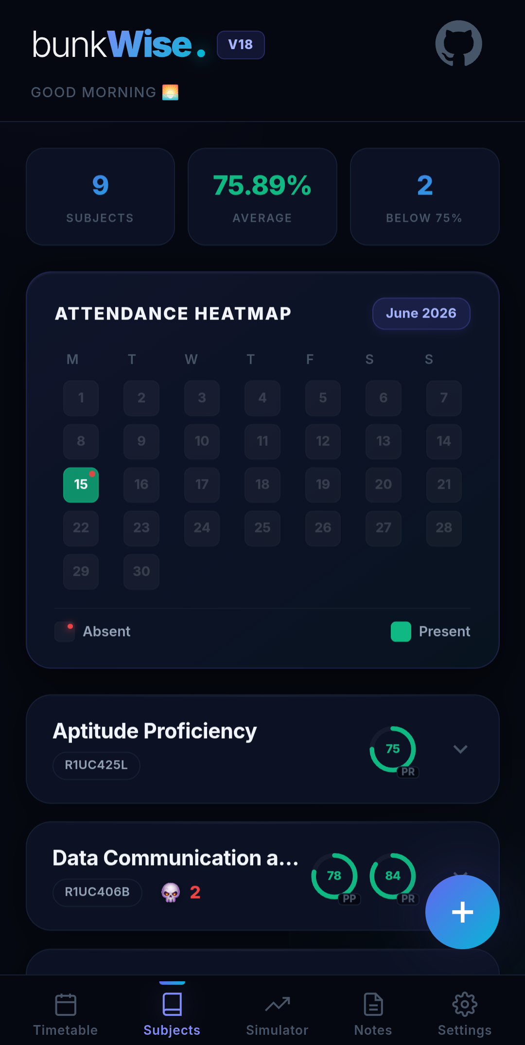 BunkWise Attendance Screen Mockup